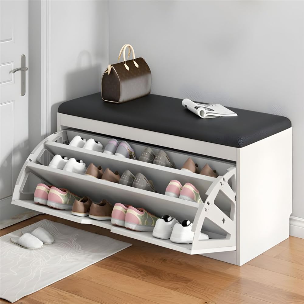 NIUYAO Storage Bench Modern Wooden Shoe Storage Bench with Flip-up Doors Storage Space and Padded Cushion 3-Tier Shoe Rack Organizer -Black 31.5" L x