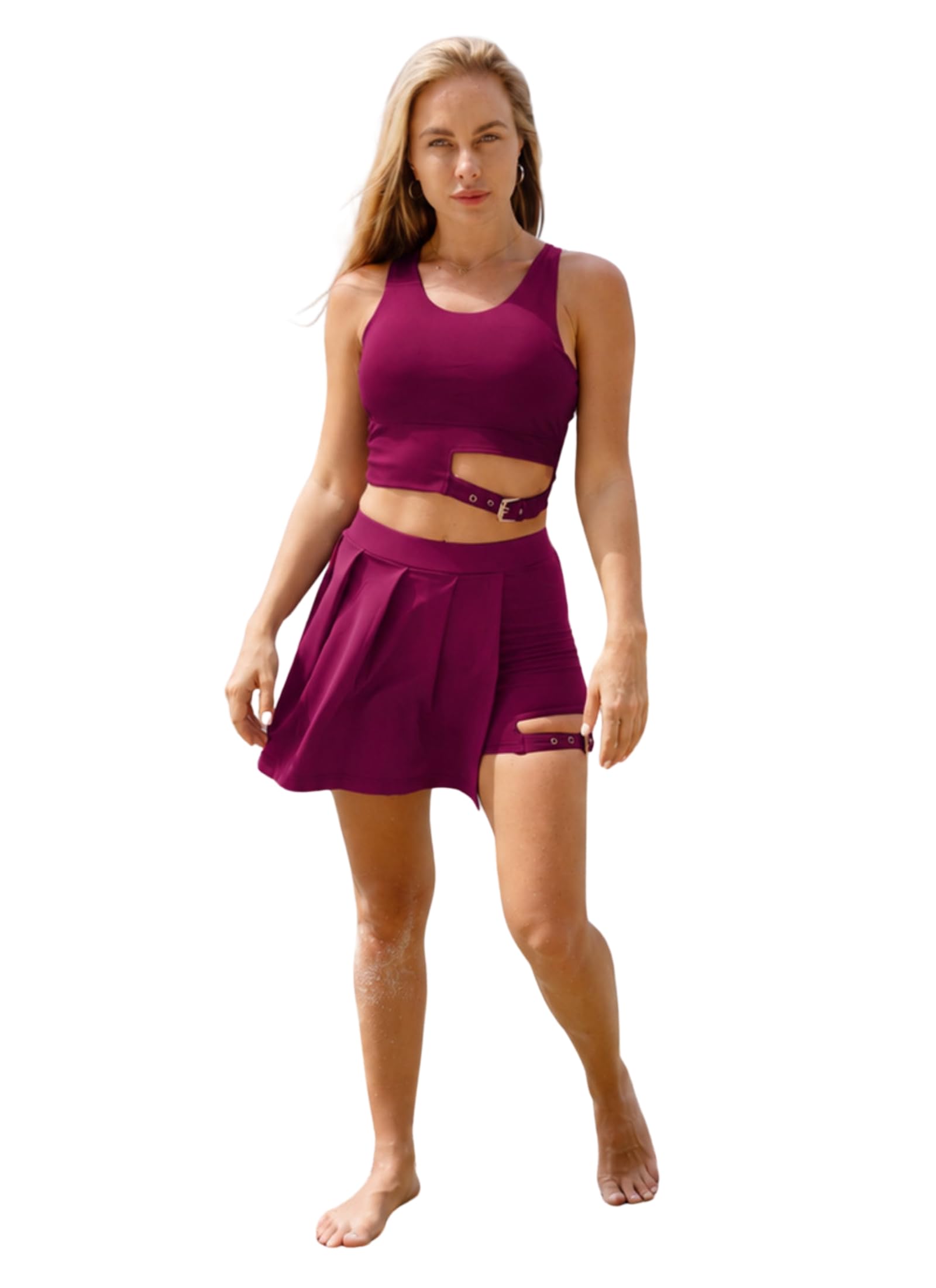 keepfit Women Magenta Crop top & Pleated Skirt Swimwear Set-picture-23