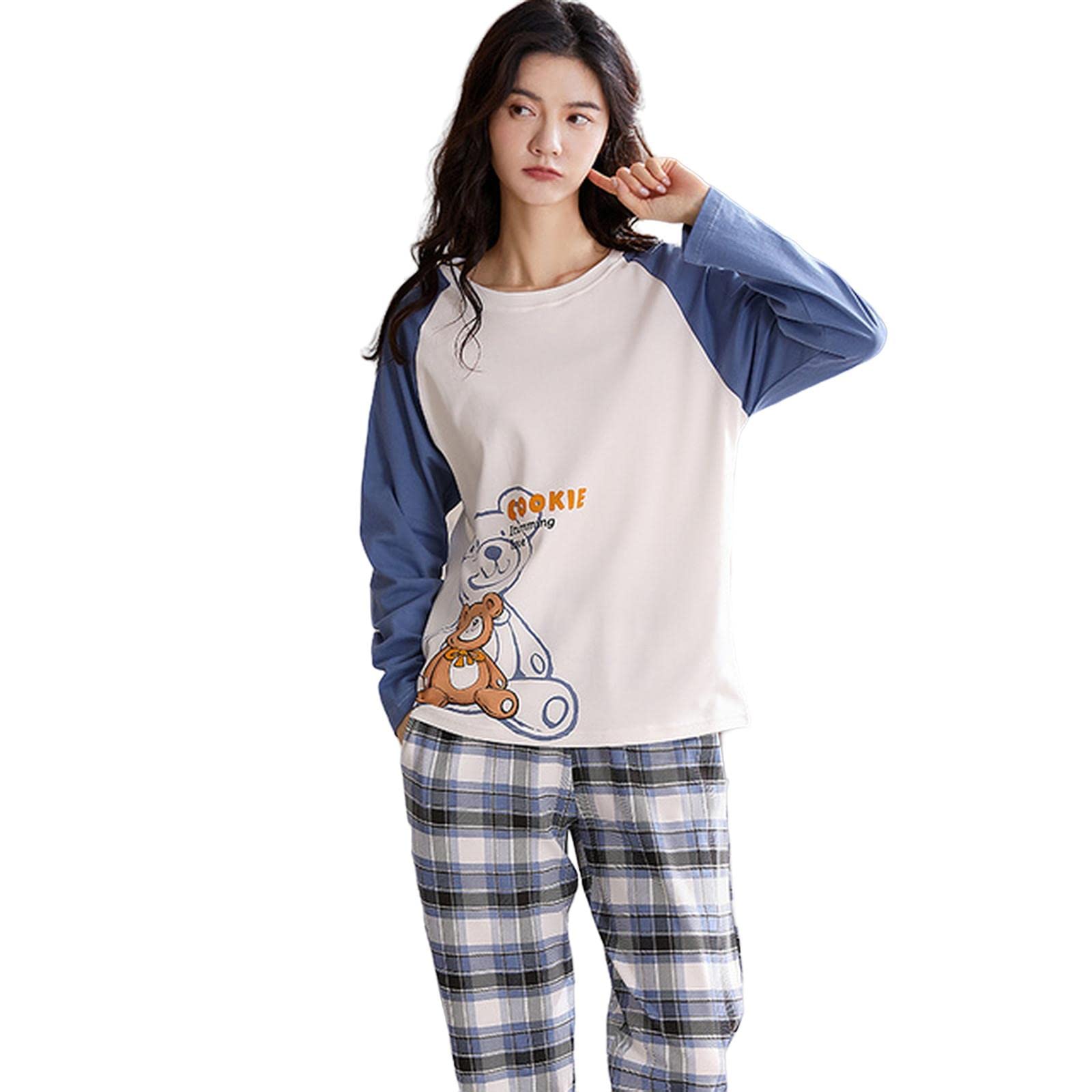 MOGSA Pijama para mujer, primavera, otoño, de algodón, elegante, floral, conjunto de ropa de dormir, pantalones a cuadros, pijama para mujer, hogar, W19, 4Xlasian (90-100 kg)