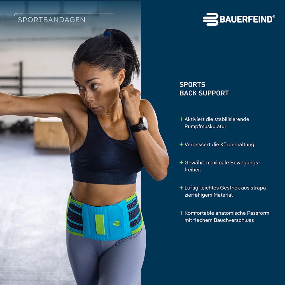 BAUERFEIND, 1 Unisex Rücken-Sportbandage, Für Ball- und Rückschlagsportarten, Leichtathletik, Schutz vor Überlastungen, Silikonpad, Gr. L, Rivera, 11489441260013
