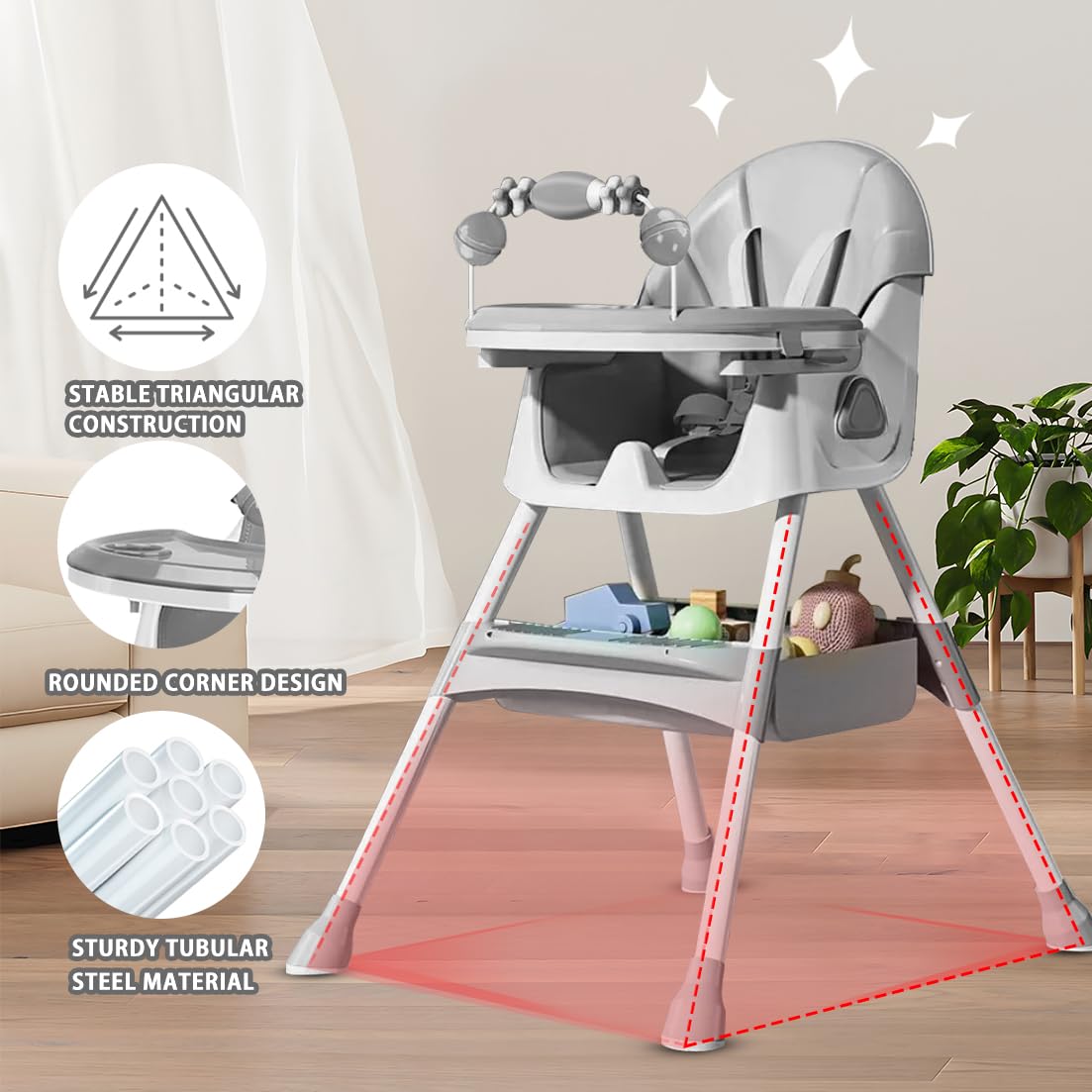 UBRAVOO Krzesełko dziecięce 3 w 1, składane przenośne krzesła do jadalni dla niemowląt, Eat & Play, rozkładane wysokie krzesło z dwuwarstwowym talerzem obiadowym i stojakiem na zabawki, szare