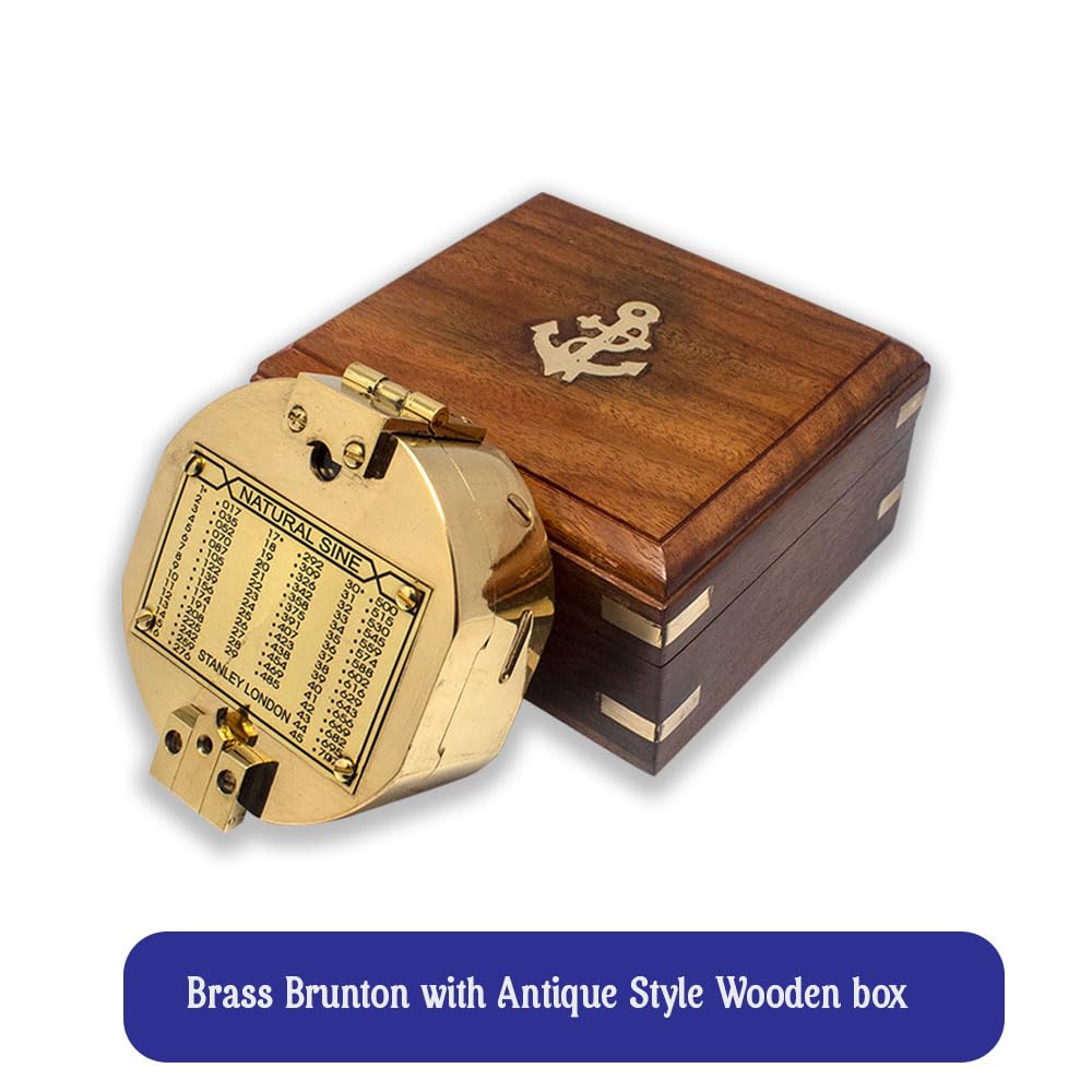 Bussola Brunton in ottone, bussola nautica con scatola di legno, strumento di navigazione vintage