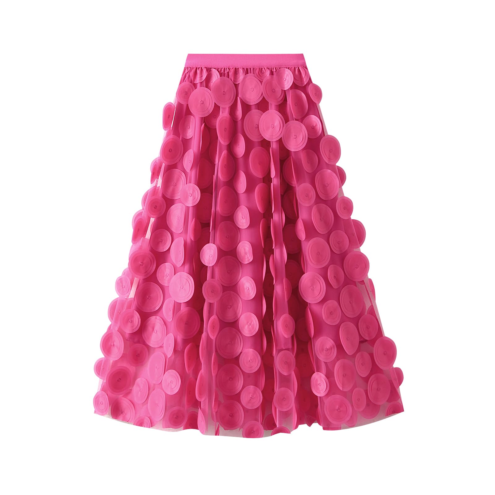 Women Tulle Midi Skirt High Elastic Waist 3D Polka Dot Mesh Skirt A-Line Layered Bubble Skirt Graduation Dress