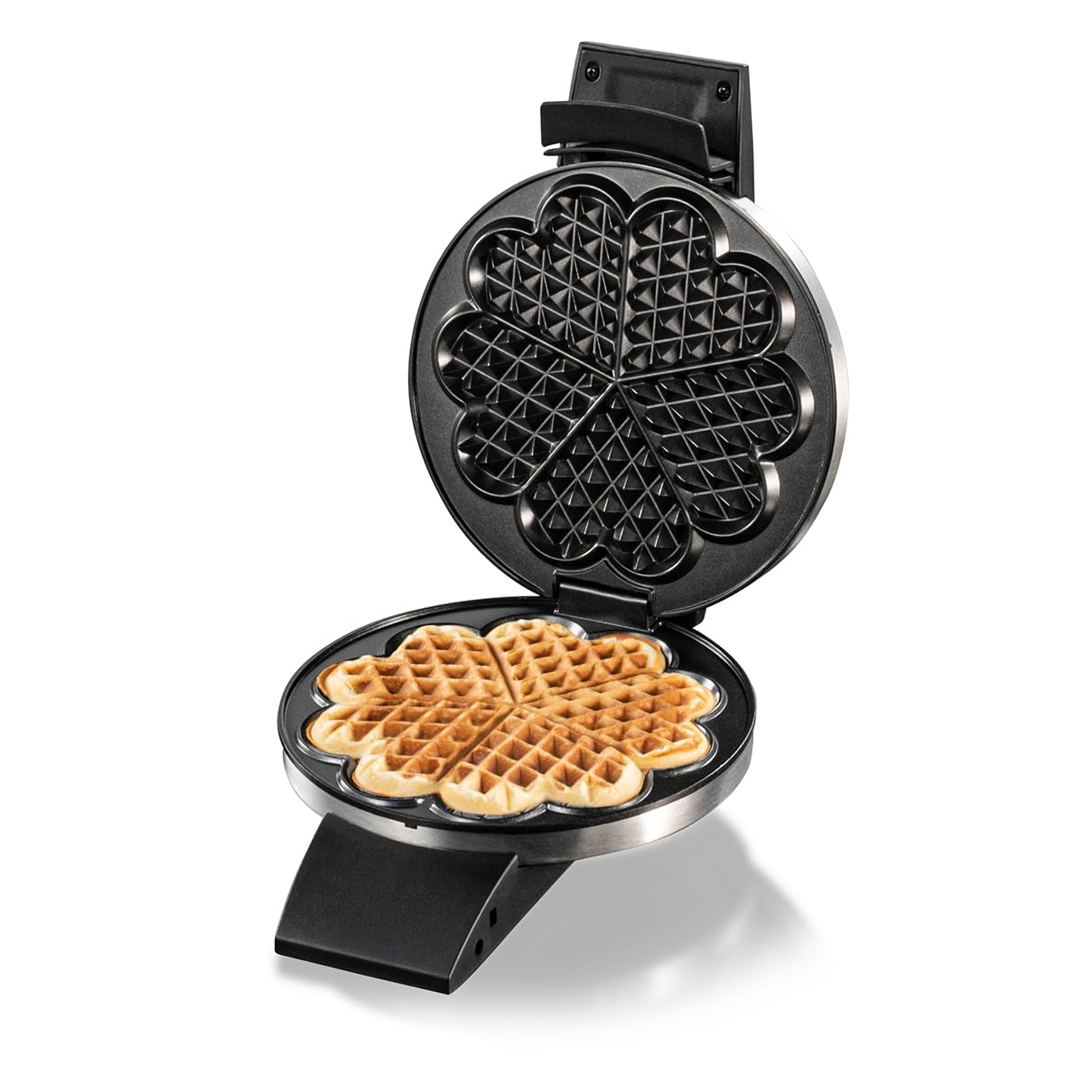 Cloer 1639SR Waffeleisen, Herzwaffel 15,5 cm Ø, doppelte Antihaftbeschichtung, zuckerresistent, 930 W, Backampel, praktische Standfunktion, hochwertiges Edelstahlgehäuse, Edelstahl