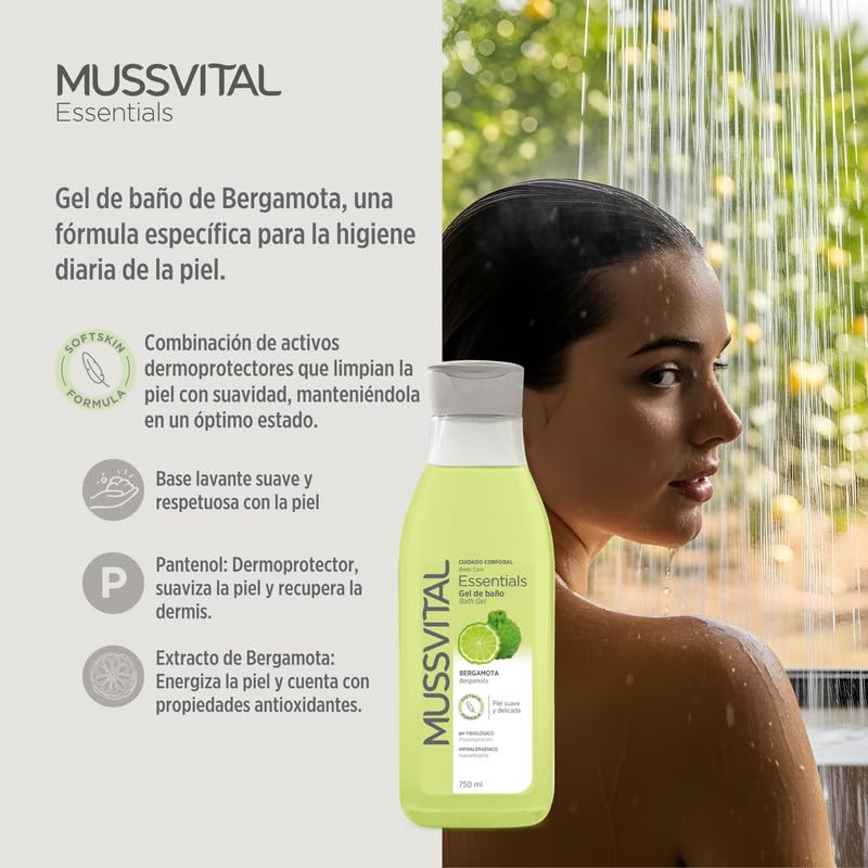 MUSSVITAL Essentials Bergamot Bath Gel 750 ml, pH 5.5 Physiological, with Panthenol, Gentle Washing Base, Daily Skin Cleaning, Body Hygiene - 2