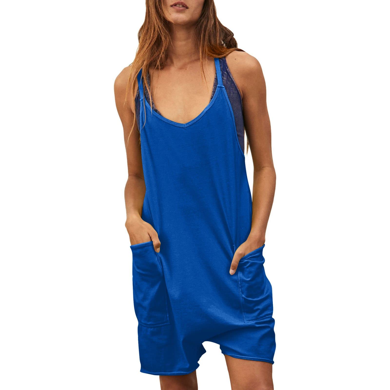 evzosrz Wide Leg Jumpsuits for Women Loose Adjustable Spaghetti Strap Womens Shorts Jumpsuits Stretchy Rompers with Pockets