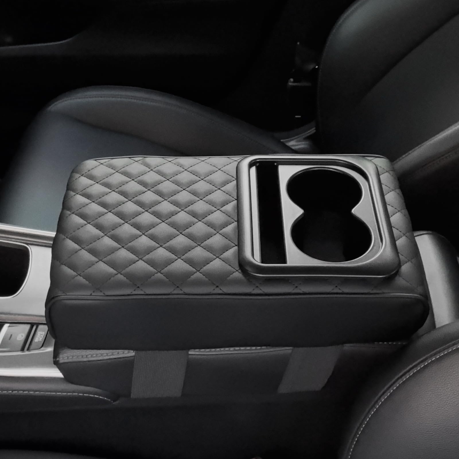 FQMY Car Center Console Armrest Pillow, Memory Foam Auto Armrest Box Cover with Cup Holder & Phone Holder, Waterproof Leather Arm Rest Protector