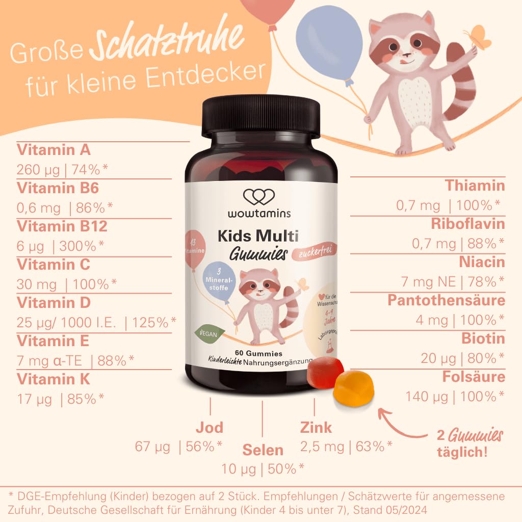 wowtamins Kids Complete zuckerfrei - Vegane Multivitamin Gummies mit Omega 3 (30-Tage-Vorrat) - Vitamine für Kinder - Nahrungsergänzungsmittel für das Immunsystem mit Vitamin C, D3, B12, Zink & mehr