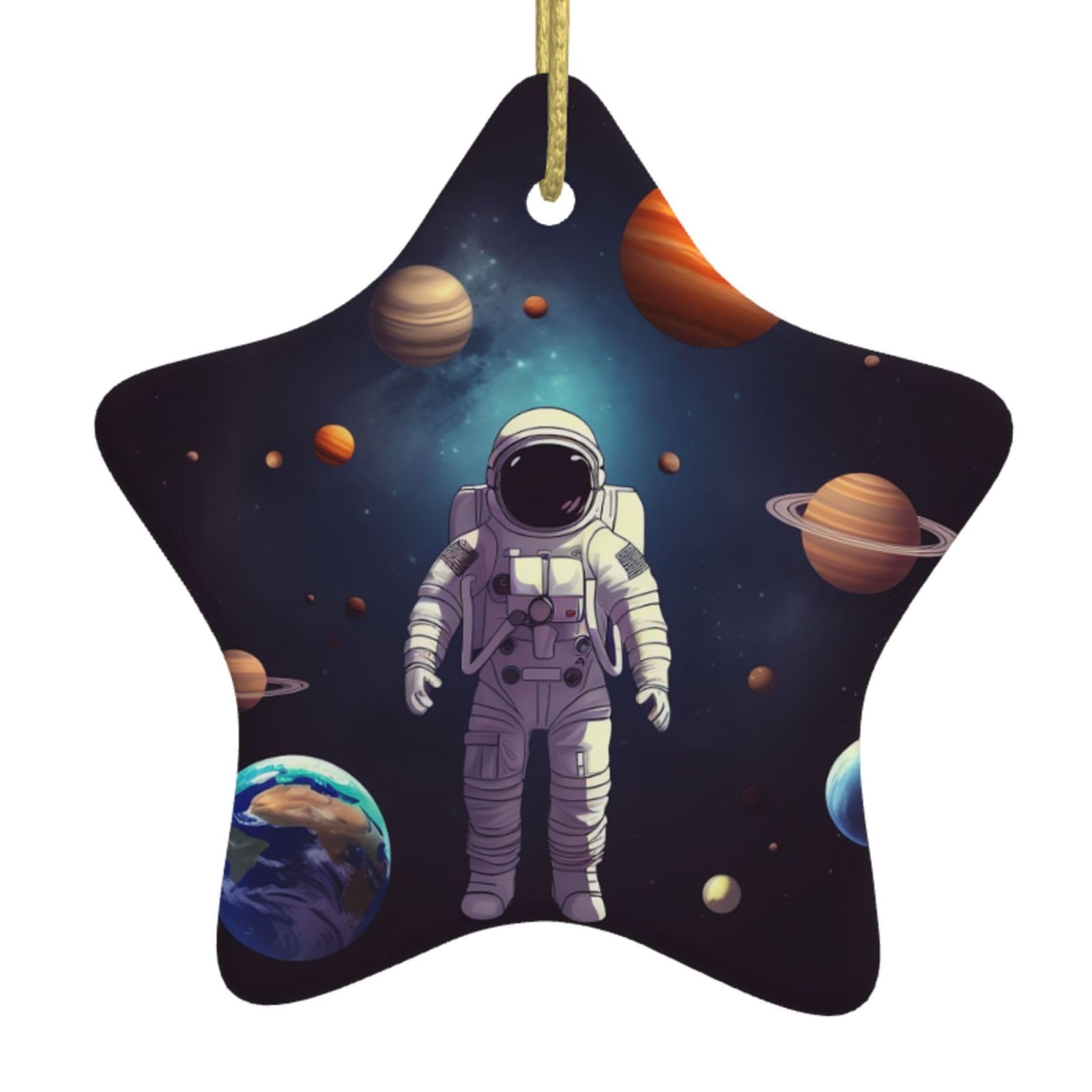 Ceramic Christmas Tree Hanging Ornaments with Gold Ropes Christmas Tree Decorations Star Ceramic Astronaut Solar System Planets Pendant Keepsake Decorations for Holiday Xmas Gift Ideas