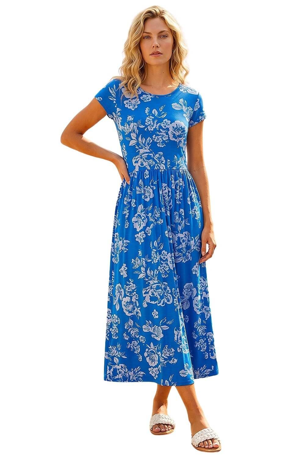 Roman Floral Print Midi Stretch Dress, Blue, Size 20, Women