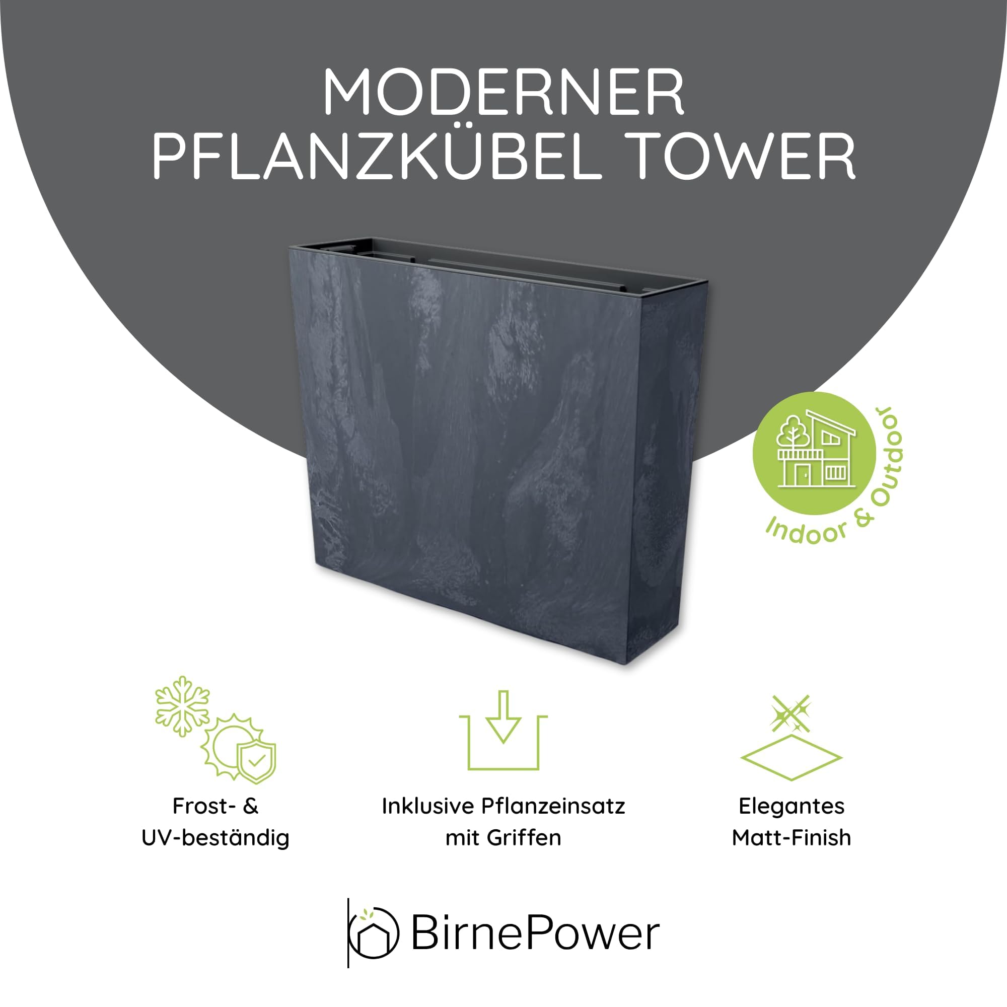 BirnePower Blumenkasten Blumentopf Balkonkasten Pflanzkasten Blumenkübel Beton Optik Pflanzgefäß Tower 77cm x 69cm mit Pflanzeinsatz (Anthrazit Beton)