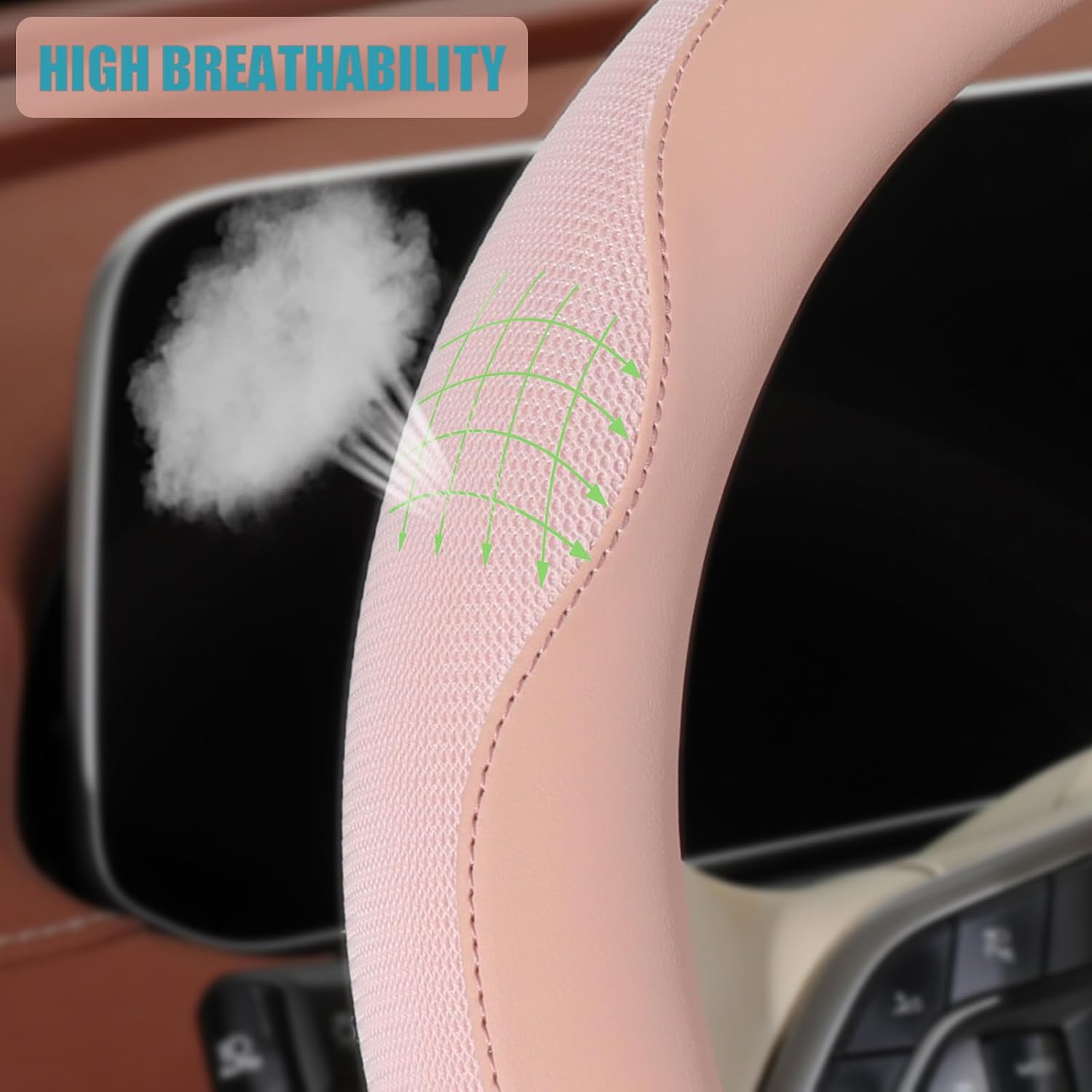 Nappa Leather Pink D Shape Steering Wheel Cover, Advanced Microfiber Leather Non-Slip Breathable Fabric, Warm in Winter and Cool in Summer, Universal 15 inch - Image 3