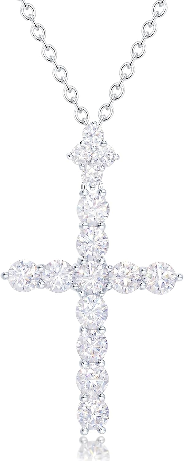 YIMERAIRE Upgraded Moissanite Crown Cross Necklace 14K Gold Vermeil 1.1 Carats Dainty Iced Out Christian Faith Cross Jewelry S925 Sterling Silver Simple Gold Moissanite Cross Pendant Necklace For Women