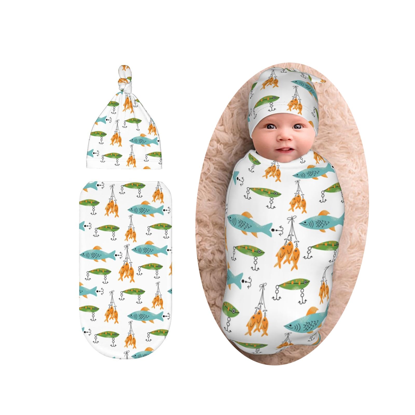 Fishing Swaddle Blankets Beanie Hat Sets, Soft and Stretchy Newborn Fishes Blanket Swaddlling Blanket for Baby Shower Infant Boy and Girl