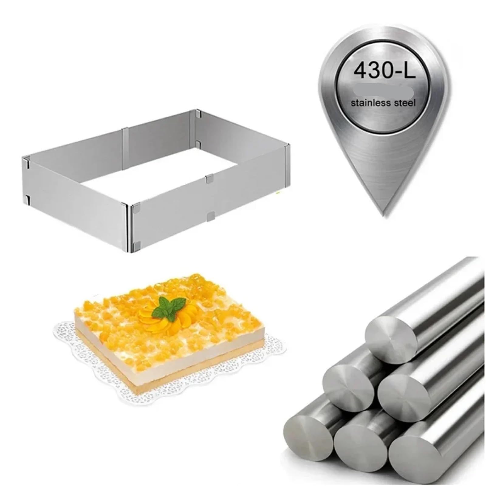Verstellbare Kuchenringform aus Edelstahl, quadratisch, rechteckig, for Mousse-Backringe, Kuchenform für Torten Kuchen Schichttorten