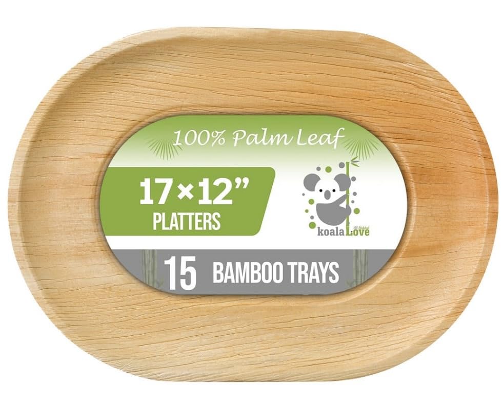 Disposable Palm Leaf Bamboo Tray and Oval Platter Disposable Charcuterie Boards Plates and Party Platters Trays Eco Compostable Wooden Food Platters Palm Leaf Dinner Catering Trays (17x12 (15 pcs))
