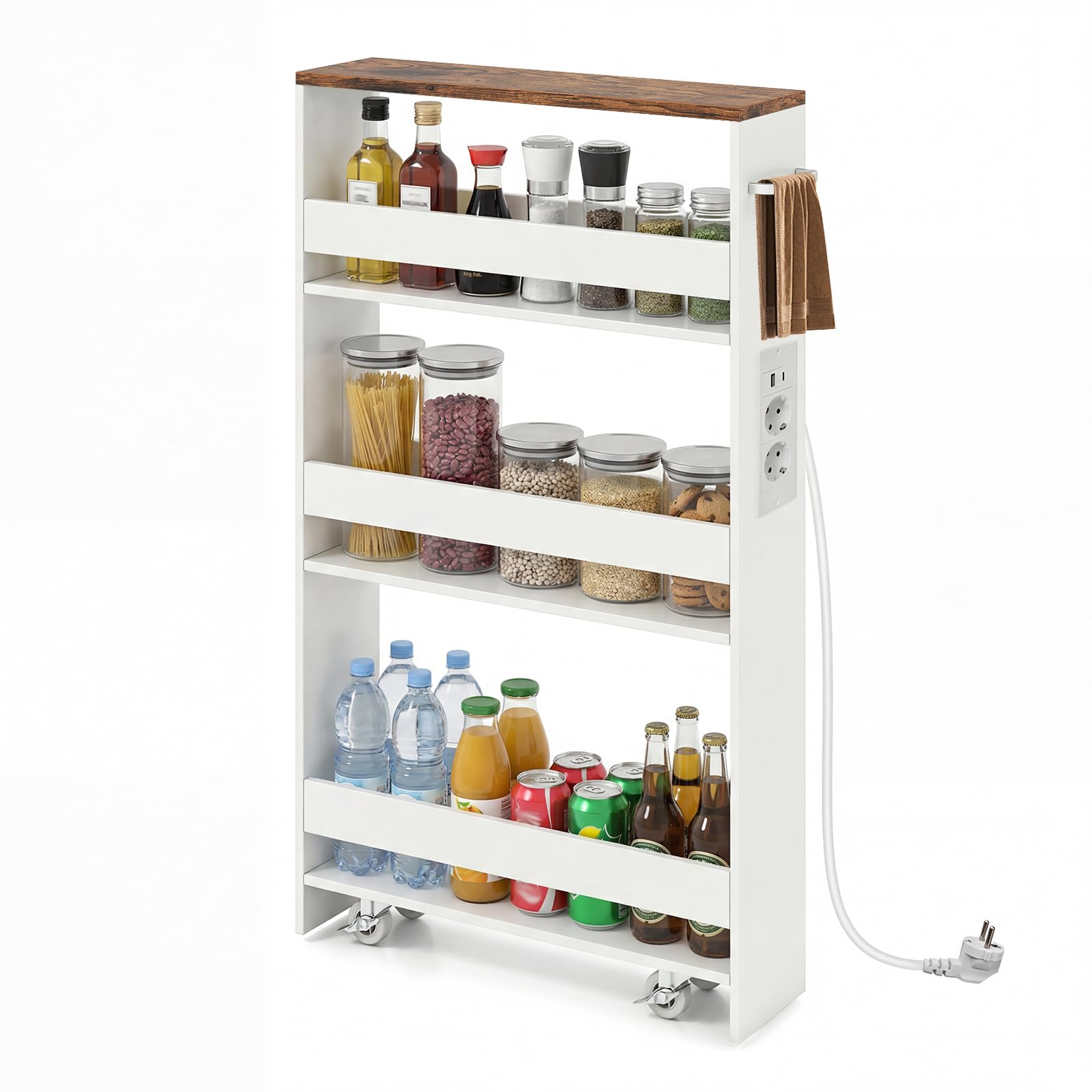 GOPLUS Carrito Auxiliar con Ruedas de 4 Niveles, Carro de Almacenamiento Estrecho con con Asa Lateral y Barandillas, Carro de Servicio Compacto con Enchufes, 47 x 13 x 80 cm (Blanco y Marrón)