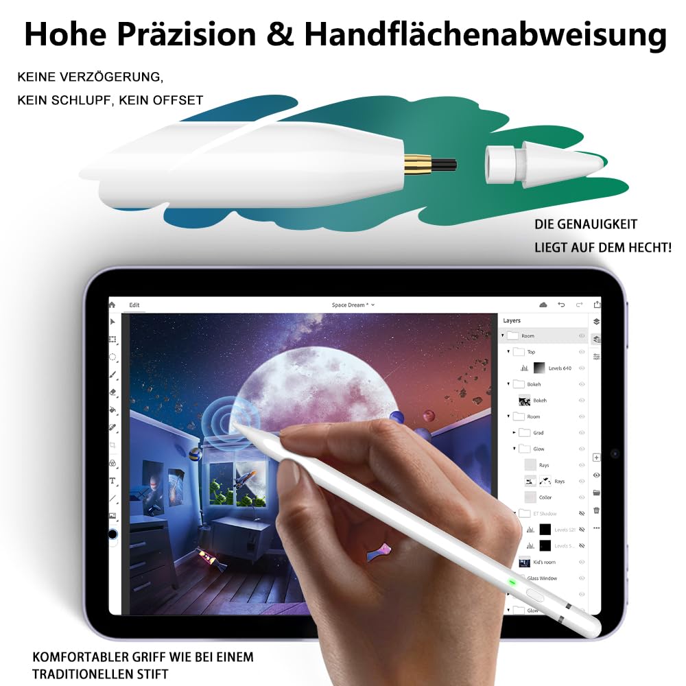 Pencil 1. Generation für iPad (2018-2026): mit USB C Schnellladeleistung & Neigungssensitivität Zubehör für Tablets, Pencil für iPad A16 11/10/9/8/7/6, Air 3~5/M2/M3/M4, Min 5~7, Pro 11"/12.9"/13"