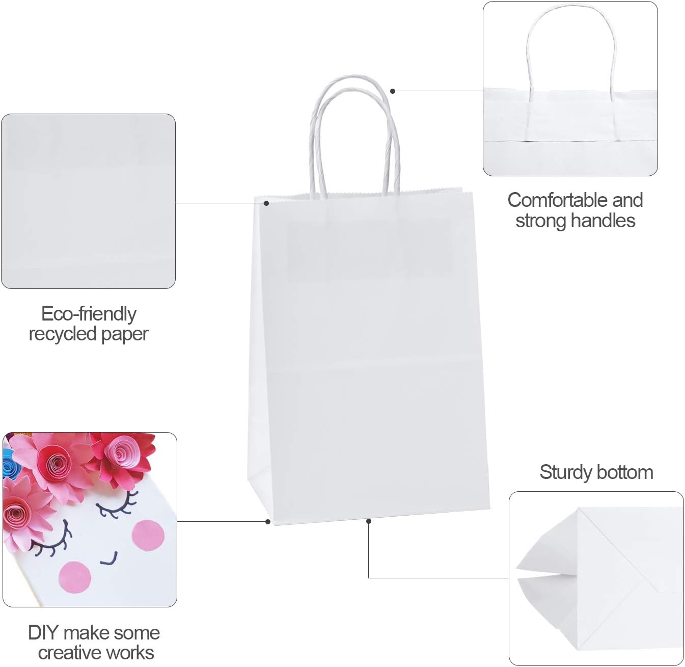 Weekly Top Sale GSSUSA 50 Pcs White Kraft Paper Bags 5.25x3.25x8, Small Paper Bags with Handles for Shopping, Gift, Merchandise, Retail, Party Favor, Wedding, Gift Bags, Bags for Small Business, Boutique