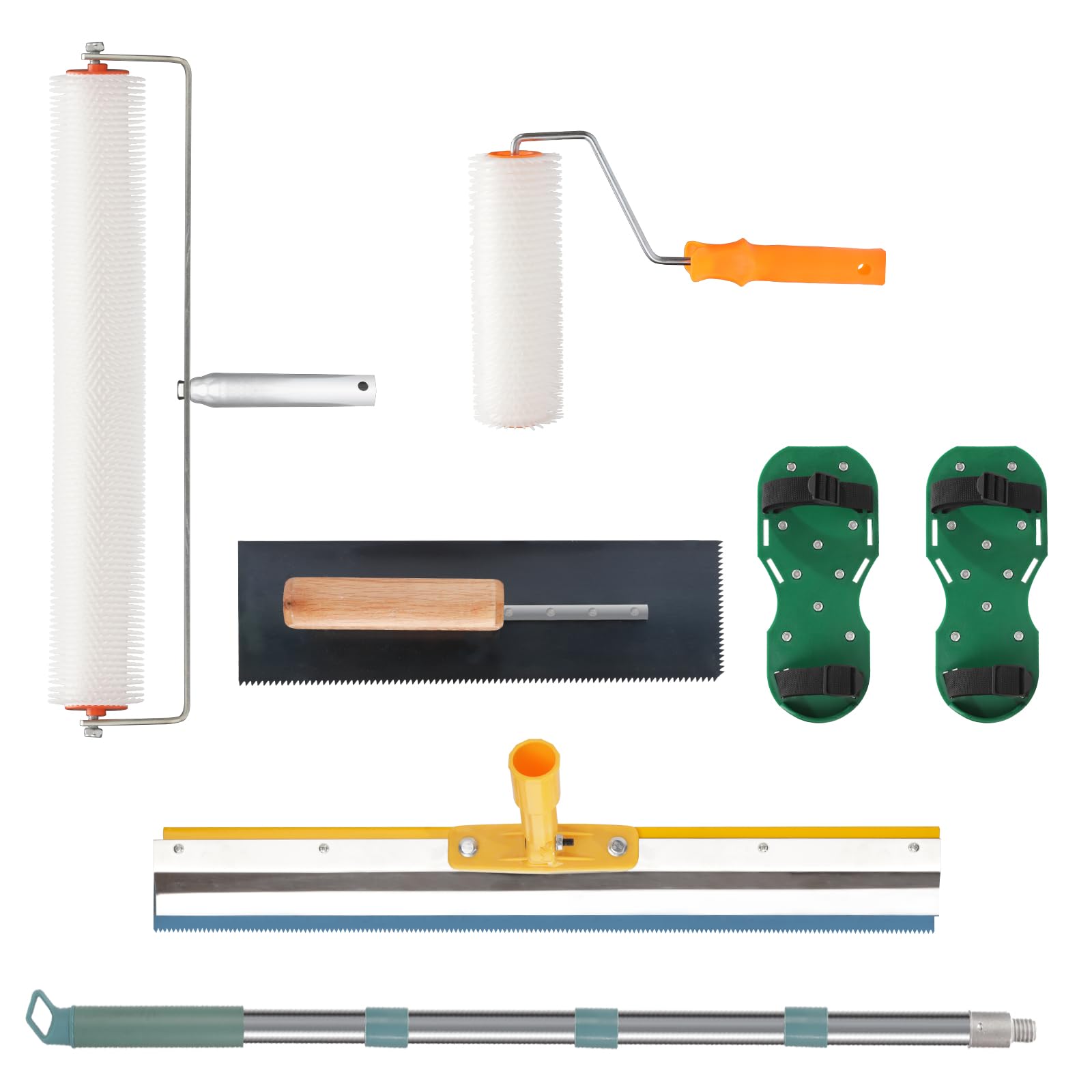 Self Leveling Tool Kits, Floor Rollers With Extensions Stainless Steel Trowels Self Leveling Rakes Shoes With Spikes Epoxy Flooring Tools Cement Concrete Self Leveling Tool Kits (7PCS)