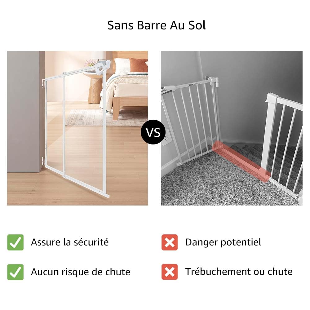 unipaws Barrière Transparente pour Chiens et Chats sans Barre au Sol, Ouverture Double Sens à Une Main, Usage intérieur/extérieur, pour Portes et escaliers, réglable 71–110 cm, Hauteur 76 cm