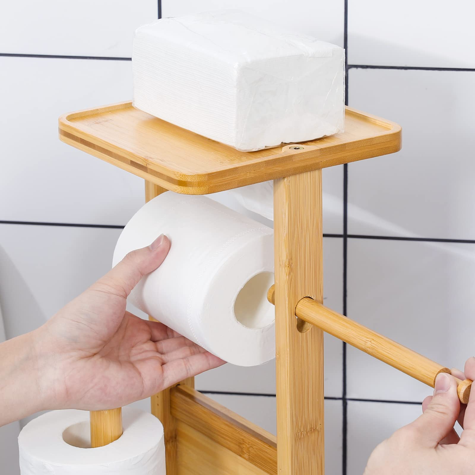 Yorbay Portarrollos de Papel Higiénico en Bambú, con Escobilla de Inodoro y Teléfono Móvil Estante (Bambú)