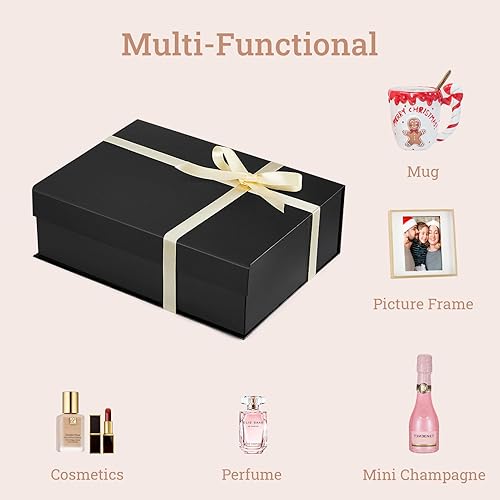 Miniatura 5 de MESHA 11 x 8 x 3.5 pulgadas, 1 caja de regalo magnética negra con lazo, cajas de regalo de Navidad para almacenamiento, cumpleaños, graduación, boda