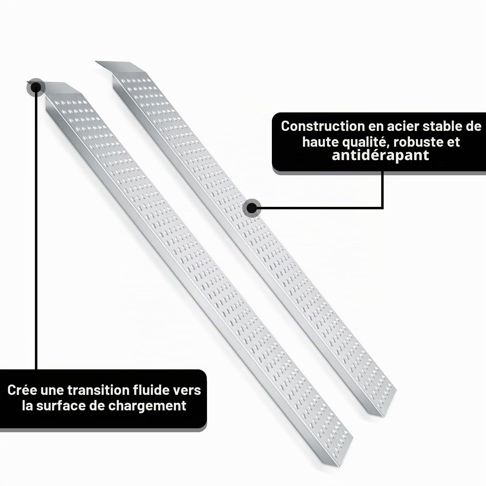 Randaco Lot de 2 rampes d’accès rampes de chargement en acier galvanisé - 160 x 23,5 x 4 cm - Rail de chargement antidérapant - Pour moto, ATV, quad, voiture - Rampe de chargement jusqu'à 400 kg