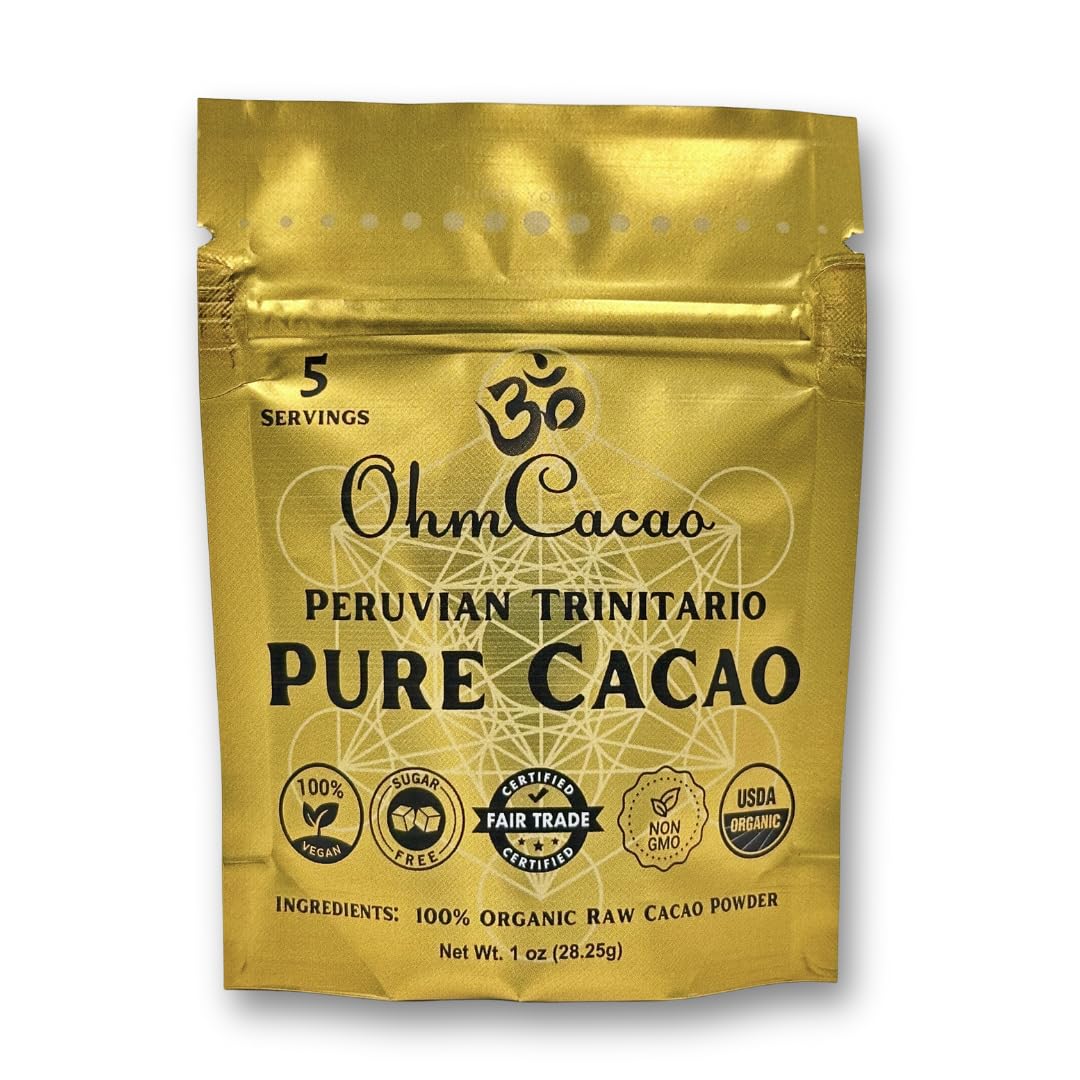 Ohm Pure Cacao Powder | Unsweetened Ceremonial Grade Cacao Powder | Natural Source of Magnesium & Iron | Organic Chocolate Baking Powder/Drink Mix (5 Servings)