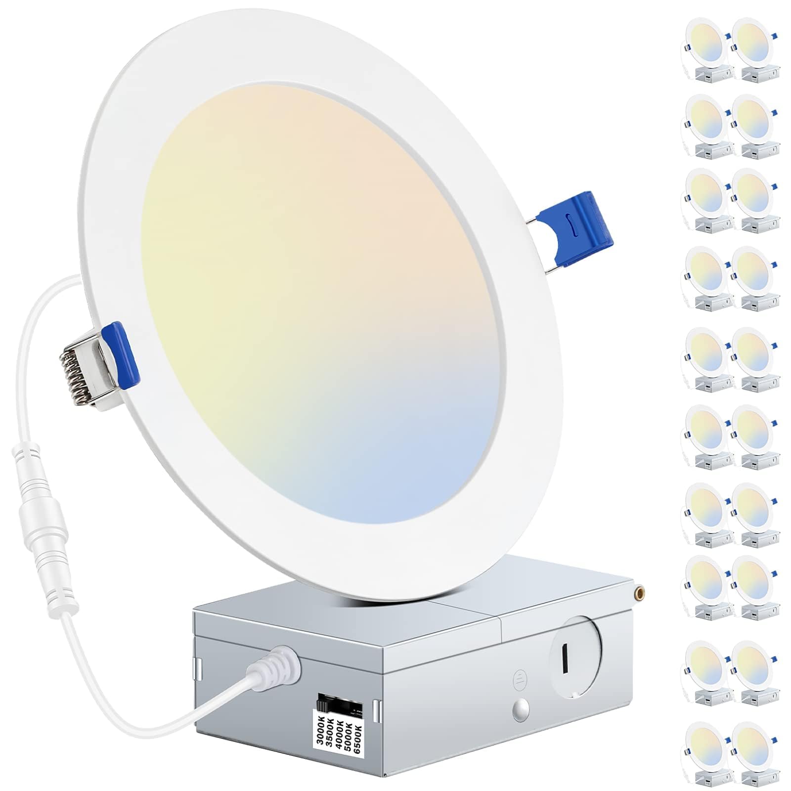 16-Pack Ultra-Thin 6 Inch Recessed Lighting, 5CCT Dimmable Canless Ceiling Light, Can Light for Ceiling with Junction Box, 3000K/3500K/4000K/5000K/6500K, 12W 150W Eqv Wafer Down Light