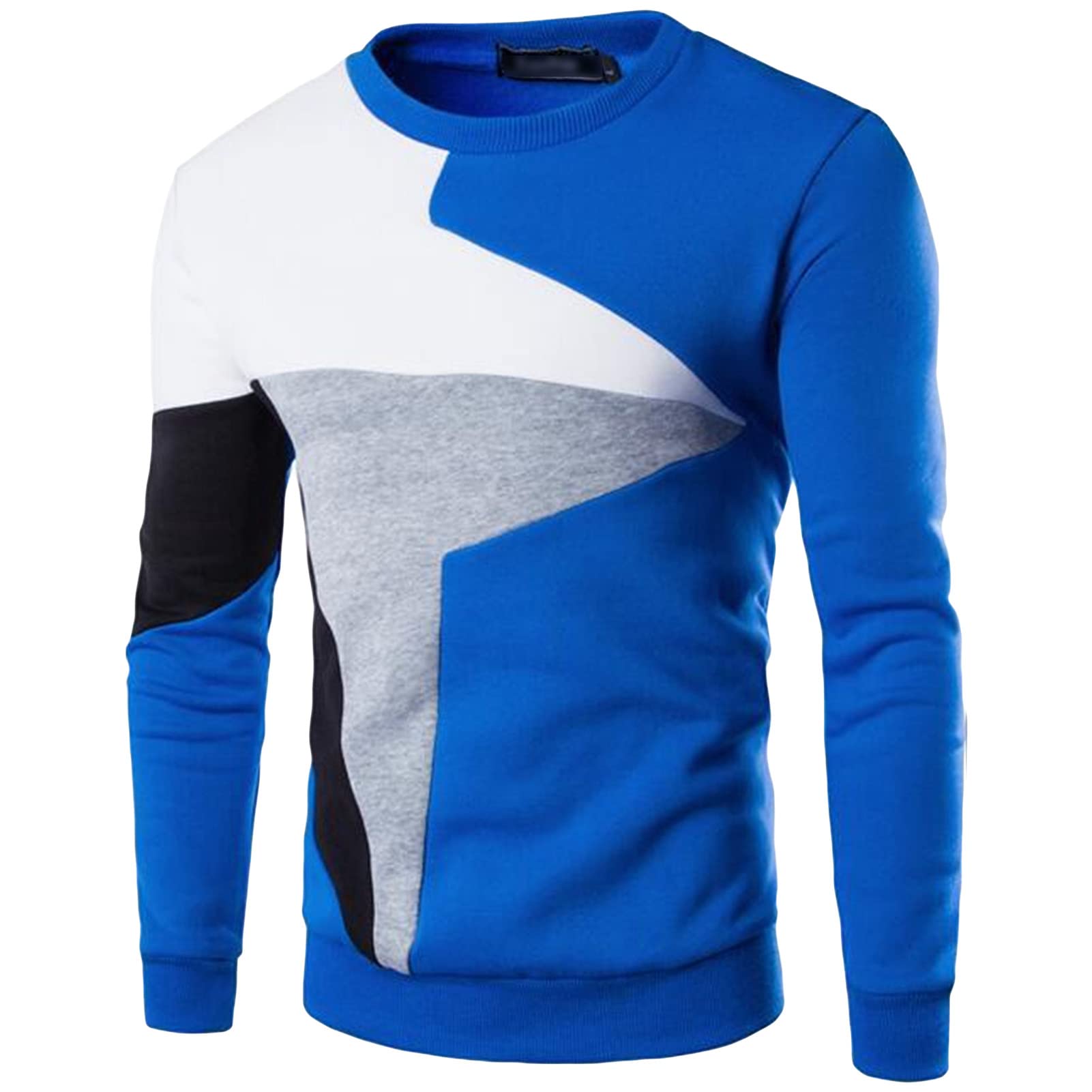 Mens Color Block Sweatshirt Pullover Fall Crewneck Comfort Long Sleeve Tops Casual Patchwork Fleece Sweaters (X-Large,Blue)