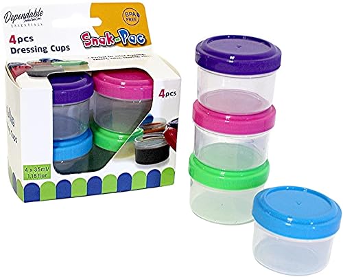 Twist Top - Paquete de 4 vasos para condimentos con tapas, 1.18 onzas, recipientes pequeños de almacenamiento de alimentos para aderezos de