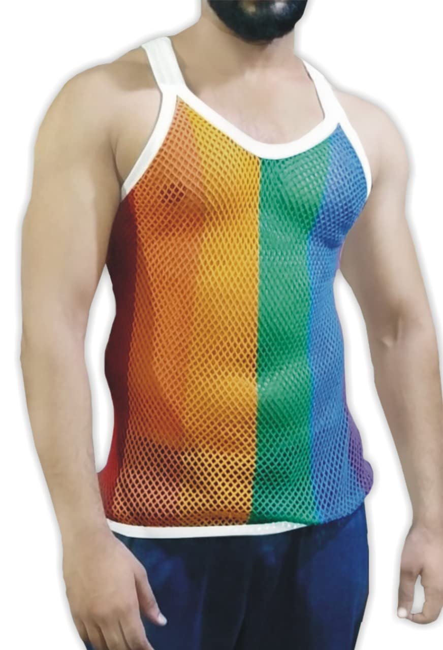 Clossy LondonMesh Marina reggae Rainbow Mens Vest Fishnet Shirt Fitted Striped Sports Tank Top LBGT Gay parade flag Muscles (Large, Rainbow)