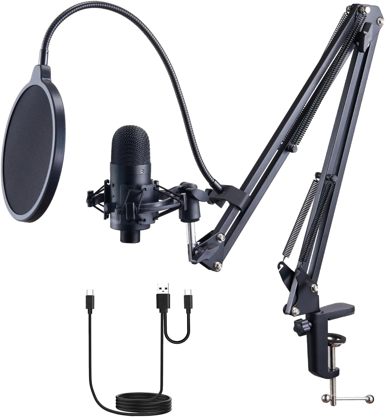VEVOR USB Microphone, 192kHz/24-bit, Professional Condenser Microphone Kit, with Boom Arm Stand Pop Filter Shock Mount Mute Button Headphones Jack, for Podcast Recording Video Gaming Singing Streaming