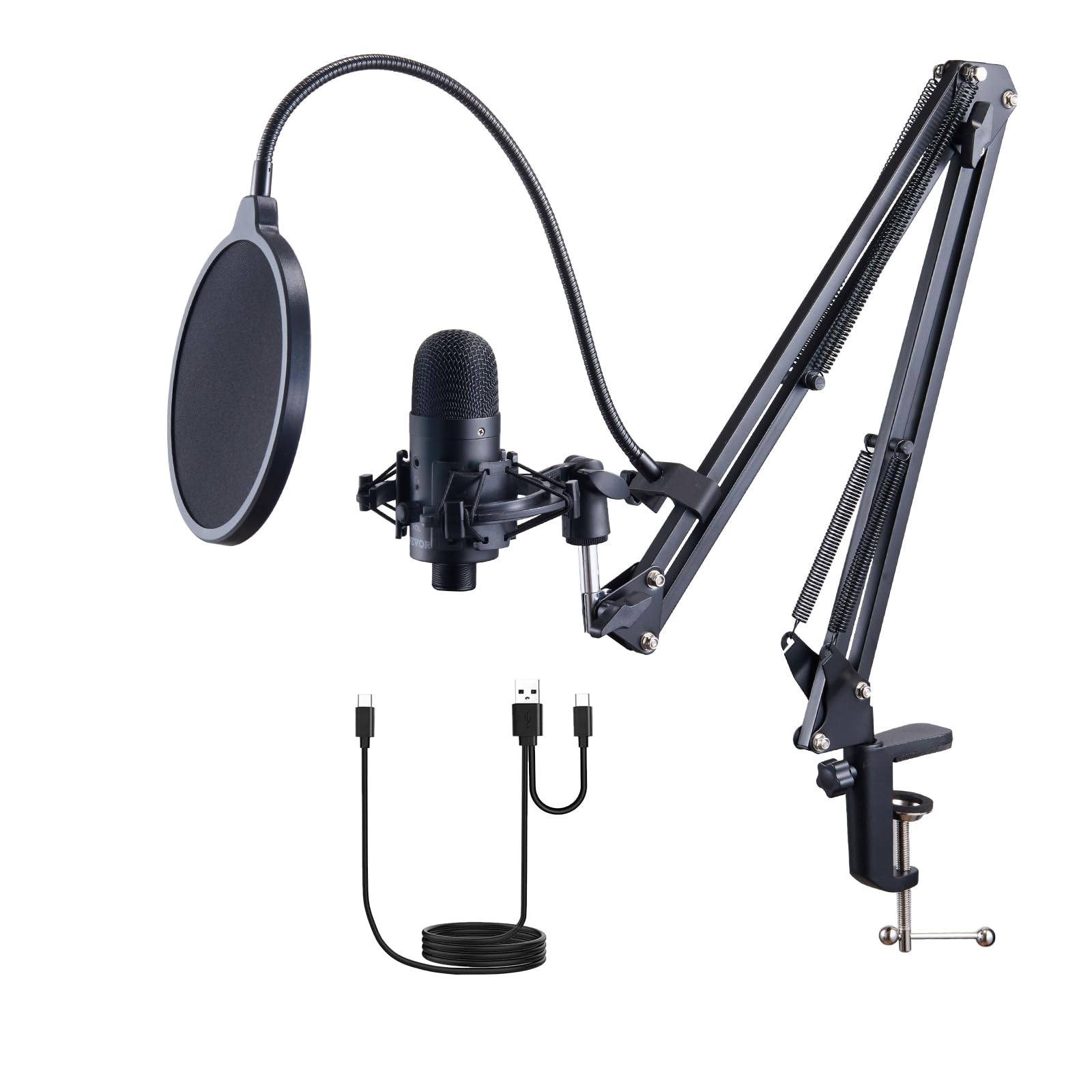 Micrófono USB, 192 kHz/24 bits, kit de micrófono de condensador profesional, con soporte de brazo de brazo, filtro pop, montaje de choque, botón de silencio, conector para auriculares, para grabación
