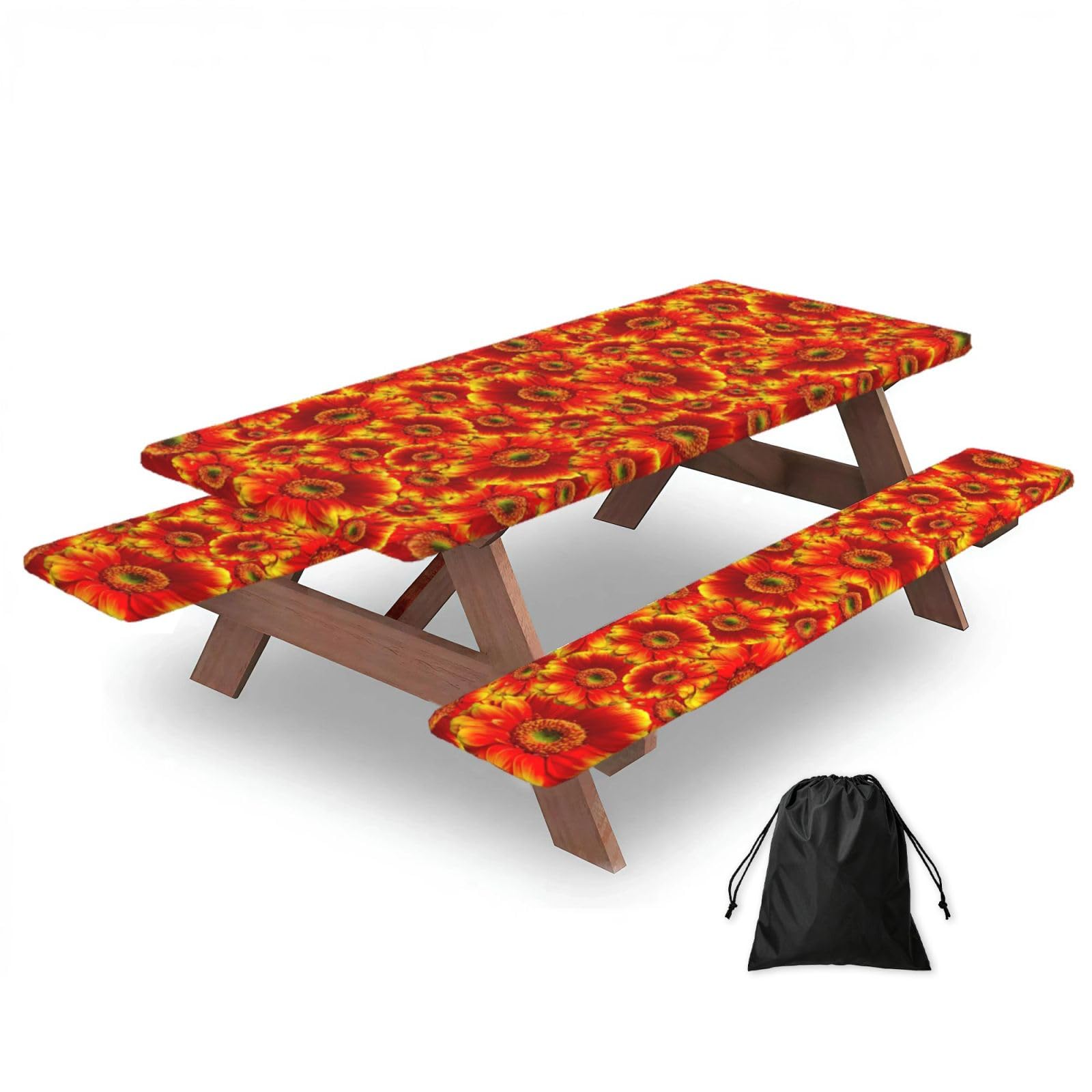 Yqxwjl Black Orange Sunflower Print Camping Essentials Waterproof Camping Table And Bench Cover With Drawstring Bag 183 Cm