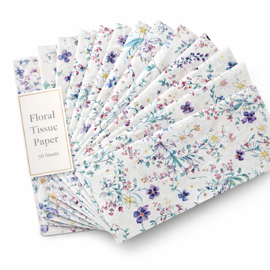 Floral Tissue Paper, 50 Sheets 50 * 35cm Floral Wrapping Paper Gift Wrapping Tissue for Mother's Day, Birthday Wedding, Christmas (Purple Flower)