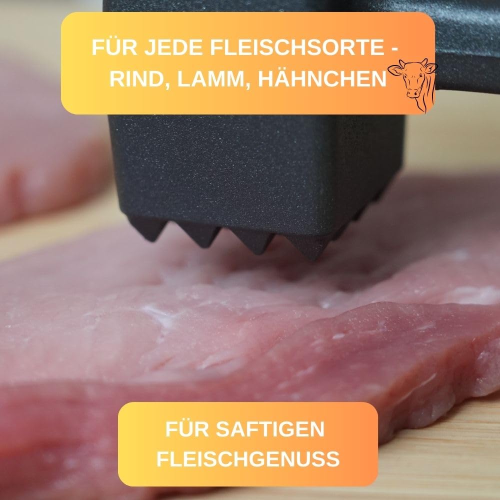 Thiru Premium Fleischklopfer - Fleischhammer für Schnitzel, Kotelett, Steak - Hammer-Kopf mit Zwei Schlagflächen - schonend für Fleisch - inkl. E-Book mit 25 Rezepten - Made in Germany