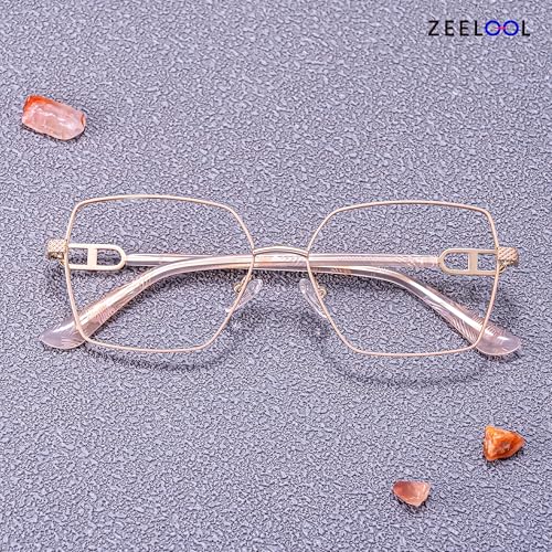 Image of Zeelool Metal Glasses Frame for Women, Oversized Square Eyeglasses Eyewear Frame with Non-prescription Clear Lens & Spring Hinge ZJGM374867-03