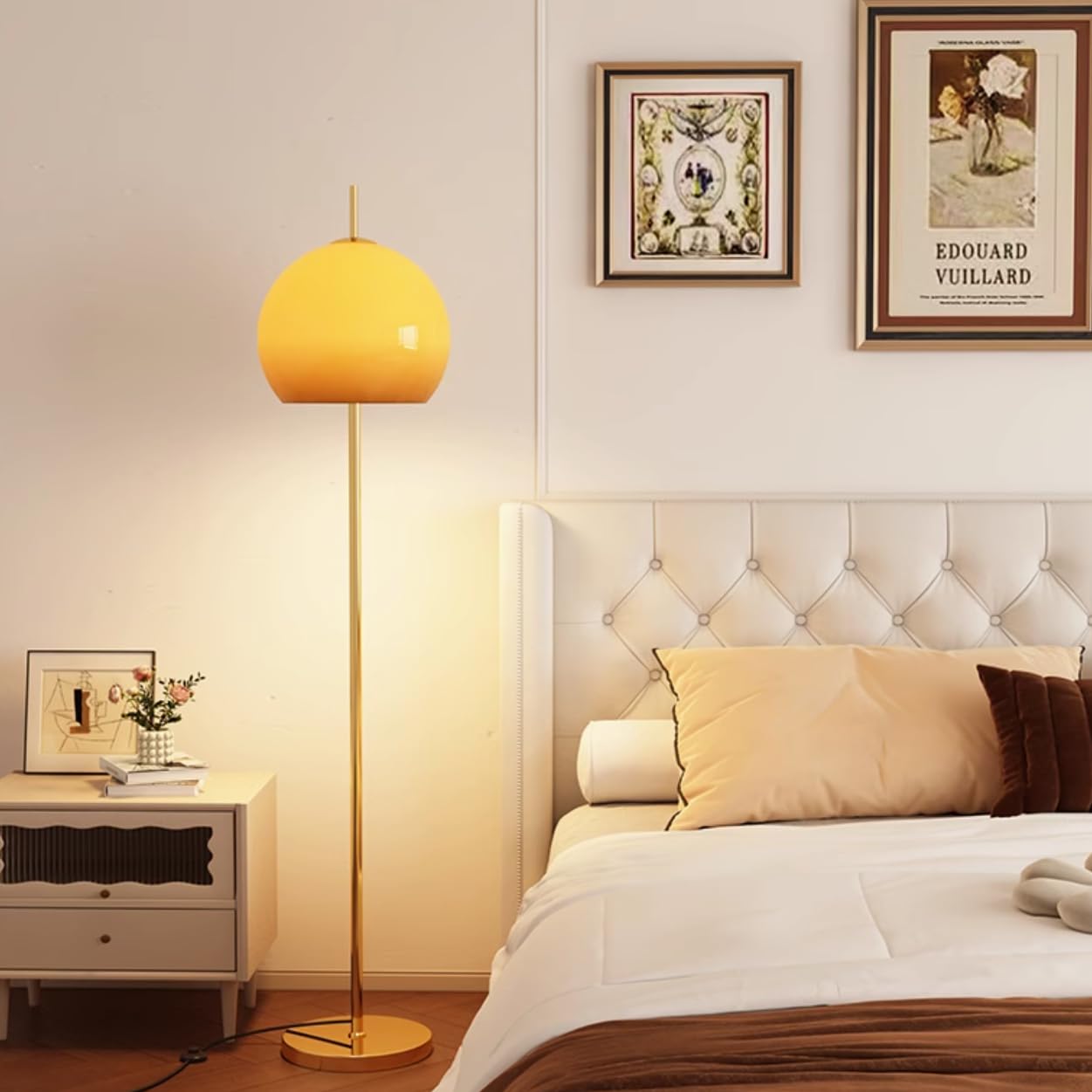 Agteruo Mid-Century Modern Floor Lamp Orange Glass Dome Shaped Nordic Standing Lamp Bauhaus Mushroom Lamp Unique Floor Reading Lamp Art Deco for Living Room Bedroom - Gold Base