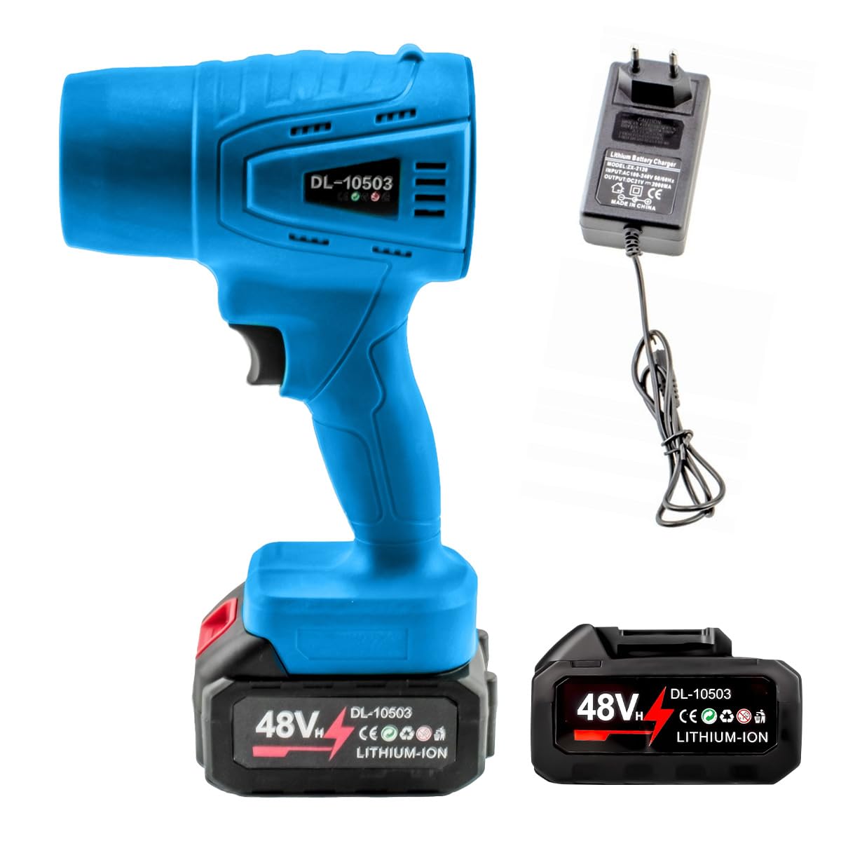 Soplador de hojas recargable de 1050 W, 2 baterías de 48 V, velocidad del viento de 210 km/h, motor sin escobillas, diseño ergonómico para casa, coche y jardín
