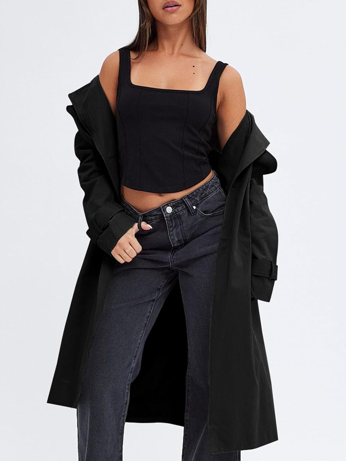 Fisoew Women's Double Breasted Trench Coats Causal Windproof Long Lapel Pocketed Overcoat with Belt - Image 2