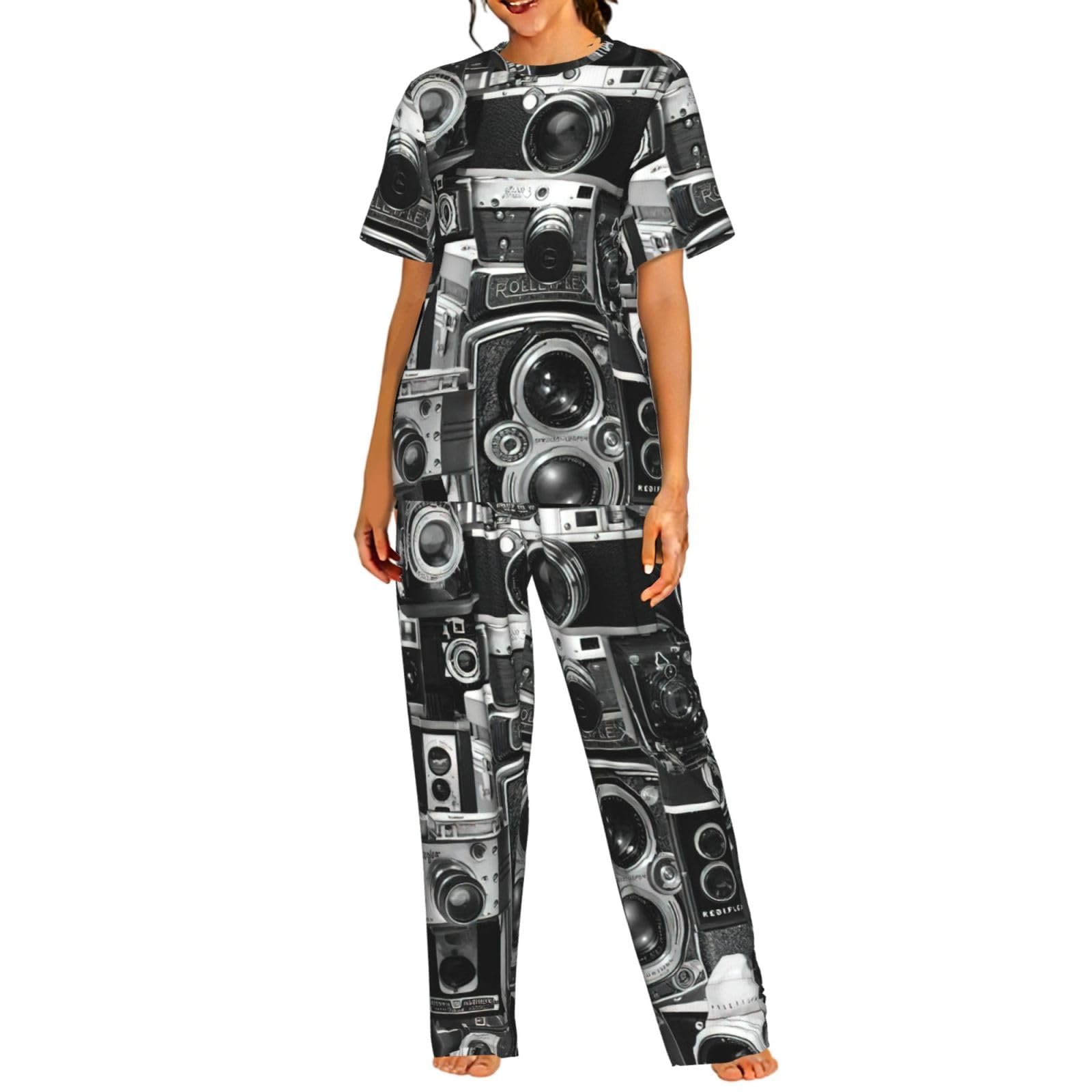 Retro Cool Camera Collection Print damska piżama z krótkim rękawem zestaw bielizna nocna lato miękka wygodna domowa bielizna nocna