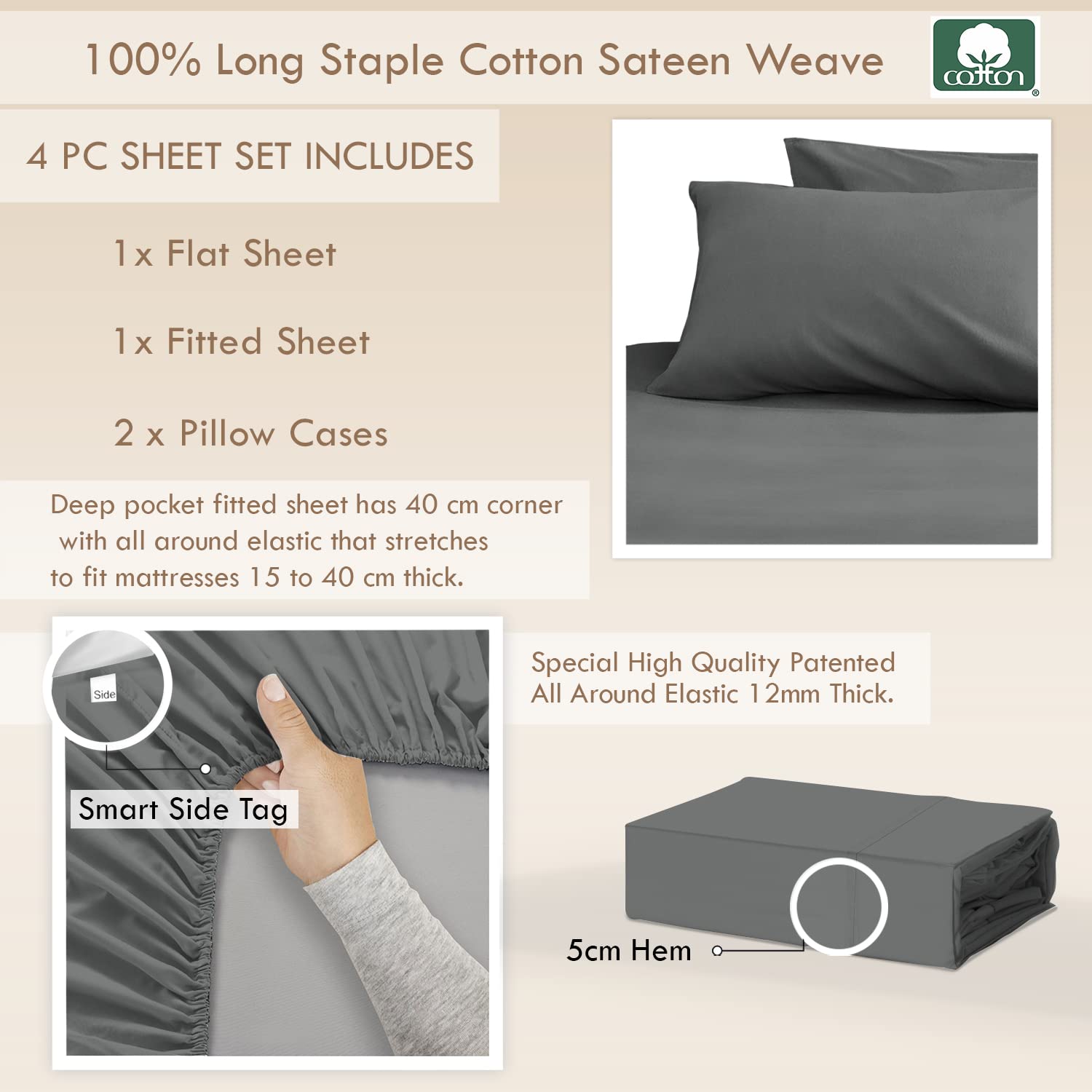 Pizuna Set lenzuola letto super king Cotone 180x200 cm Grigio Scuro, 400 fili con trama Sateen in 100% Cotone a fiocco lungo Completo lenzuola con 1 lenzuolo con angoli, 1 lenzuolo sopra, 2 federe