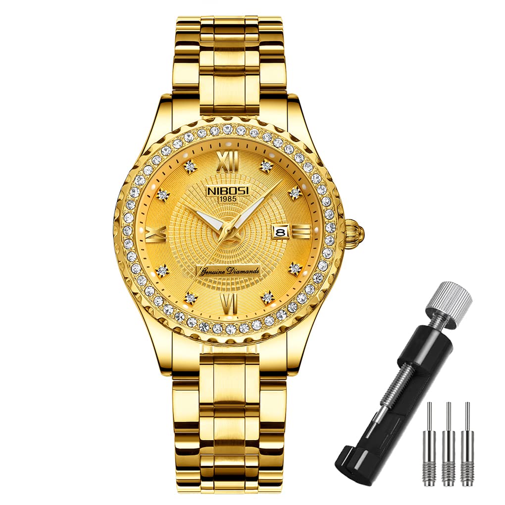 NIBOSI Watches for Women Diamond Luxury Gold Silver Ladies Female Classic Fashion Analog Quartz Waterproof Stainless Dress Luminous Day Date Wife Gifts Wrist Watch