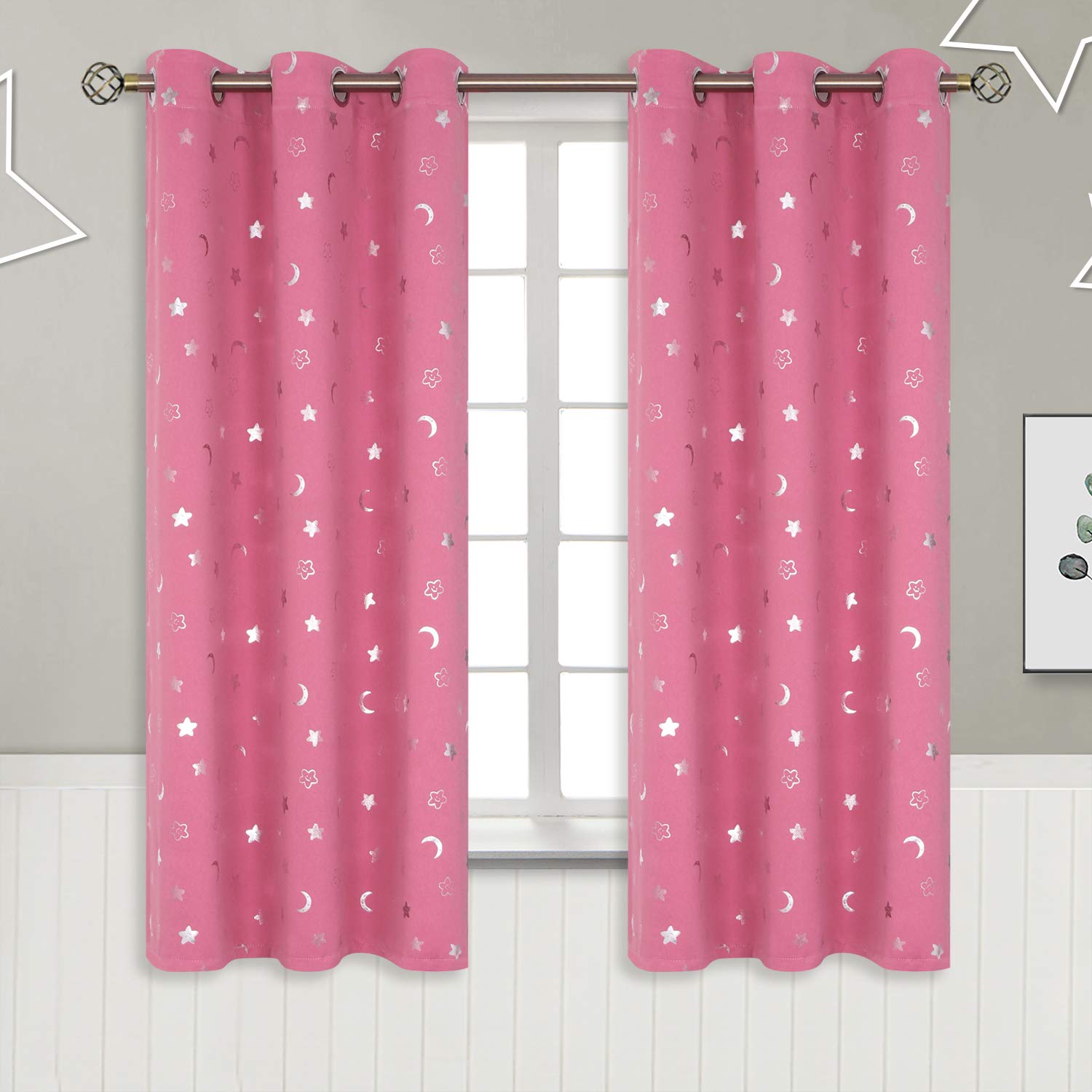 BGment Moon and Stars Blackout Curtains for Girls Bedroom, Grommet Thermal Insulated Room Darkening Printed Kids Curtains, 2 Panels of 42 x 63 Inch, Pink