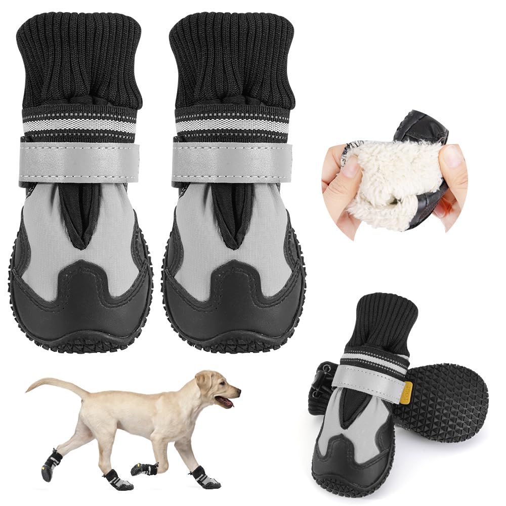 Eyein Dog Shoes for Injured Paws, Waterproof Warm Fleece Lined Pet Boots Paw Protector with Reflective Strips Rugged Anti-Slip Sole, Anti Come Off Adjustable for Winter Snow Rainy Day (2pcs)