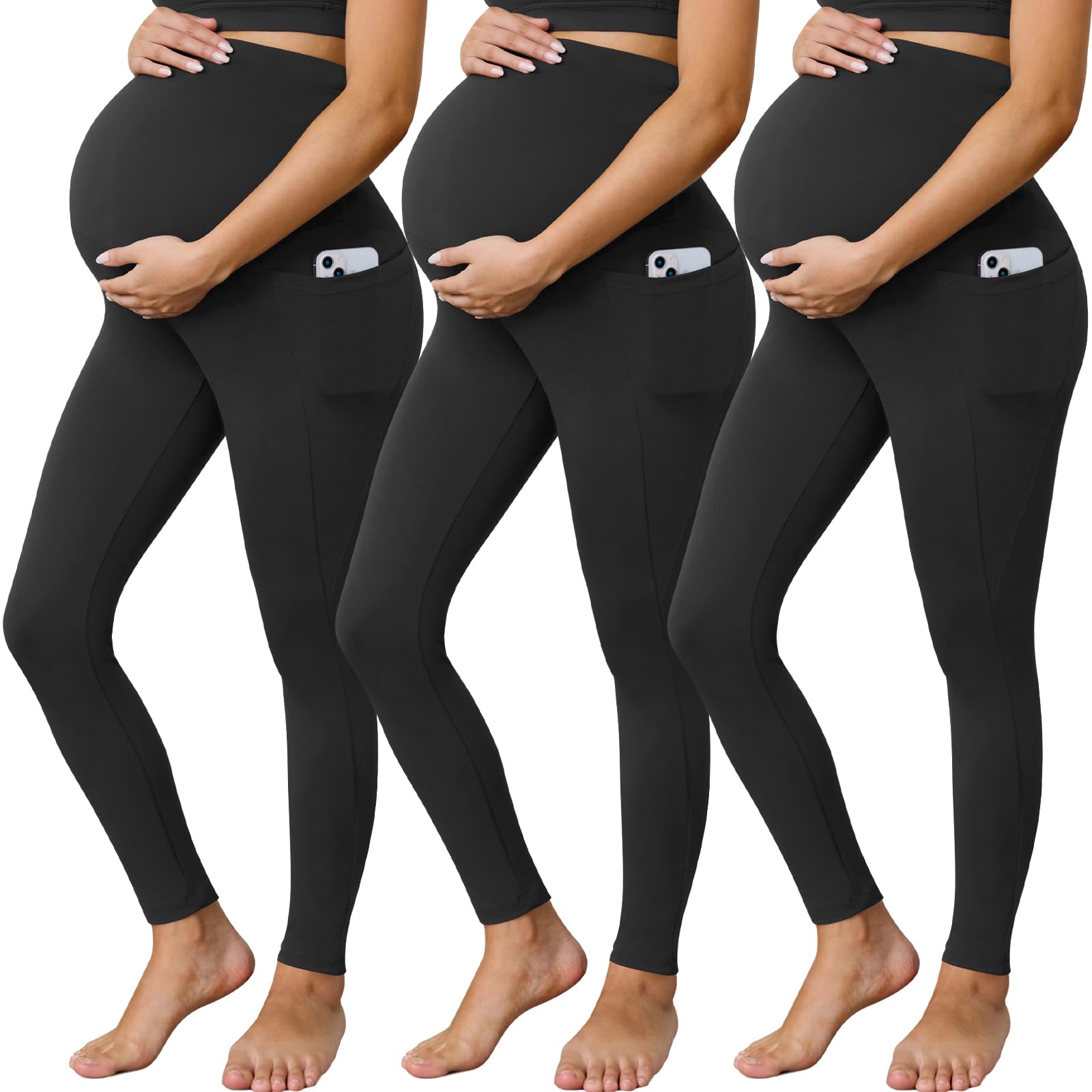 Buttergene 3 Pack Women's Maternity Leggings with Pockets Over The Belly Maternity Yoga Pants Pregnancy Leggings