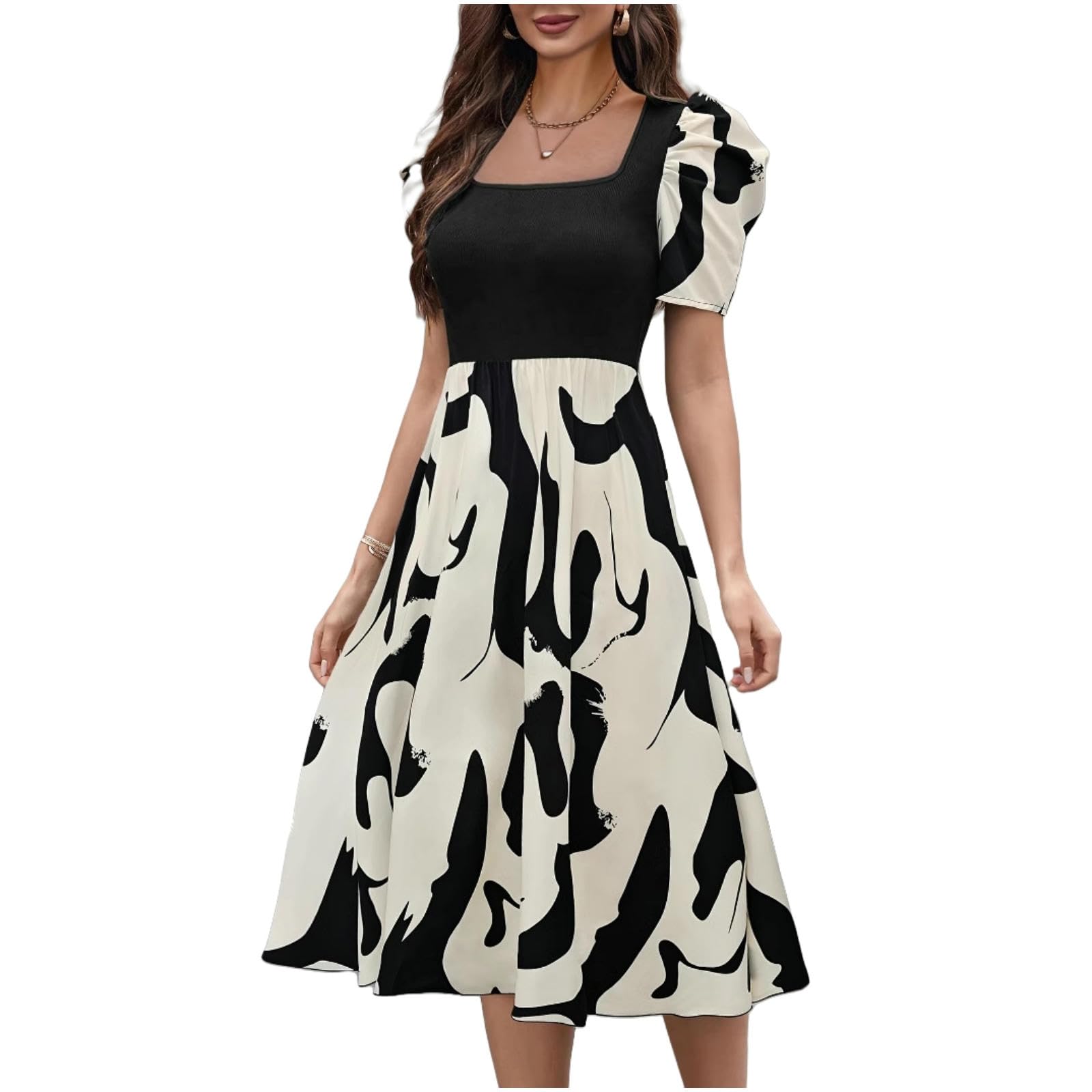 Sukienka damska Lato Kwadratowy dekolt Bubble Sleeve Knit Print Stretch Slim Casual Commuter Style Sukienka-Kolor Morela-m
