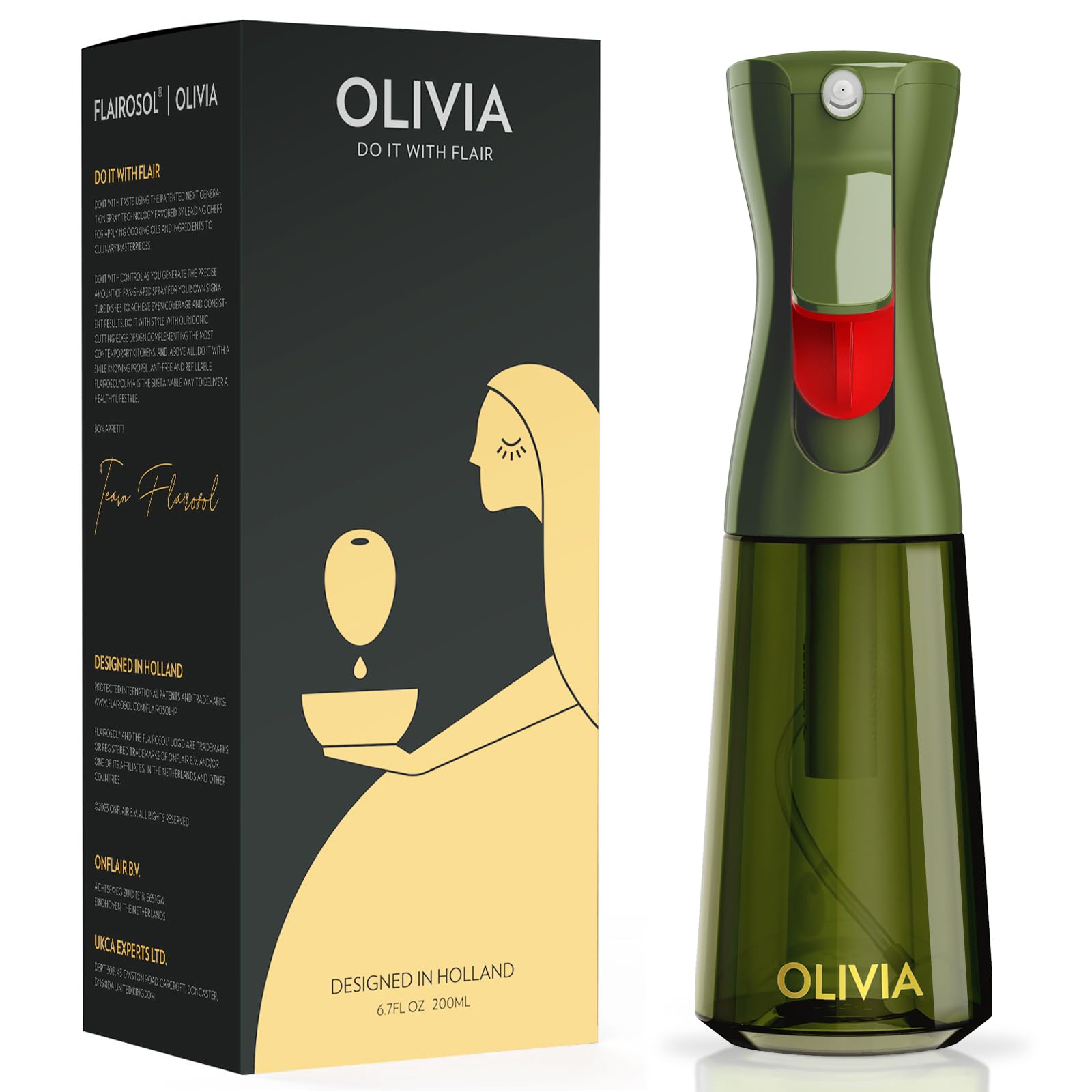 FLAIROSOL OLIVIA 200ml Spruzzatore di Olio in Vetro - Tecnologia a Spruzzo Continuo con Controllo delle Porzioni - Versatile per Cucinare, Insalate, Barbecue, Cotture al Forno, ecc. (Verde)